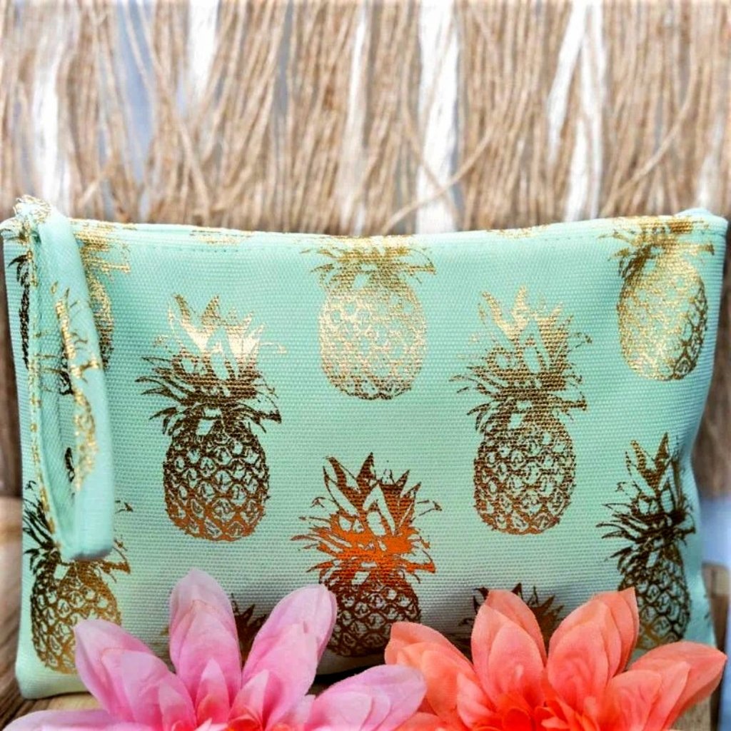 Pouch Travel Case Wristlet Mint Green Gold Pineapples Pattern
